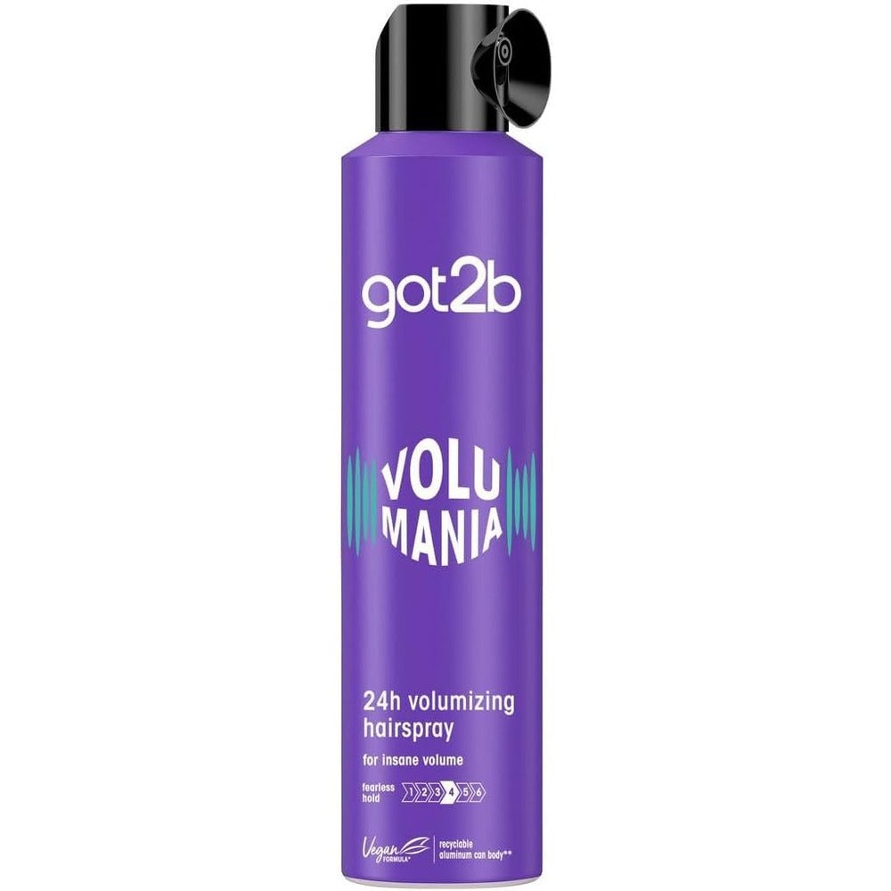 Purple hairspray can with 'got2b' branding on a white background