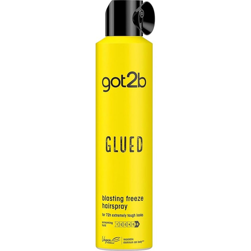 Yellow bottle of got2b Glued blasting freeze hairspray on a white background