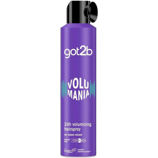 Purple hairspray can with 'got2b' branding on a white background